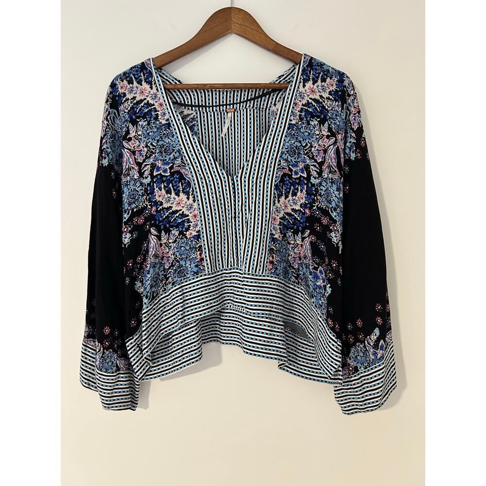 Free People Mix N Match Mixed Print Top Black Blue Long Sleeve Boho Blouse EUC S